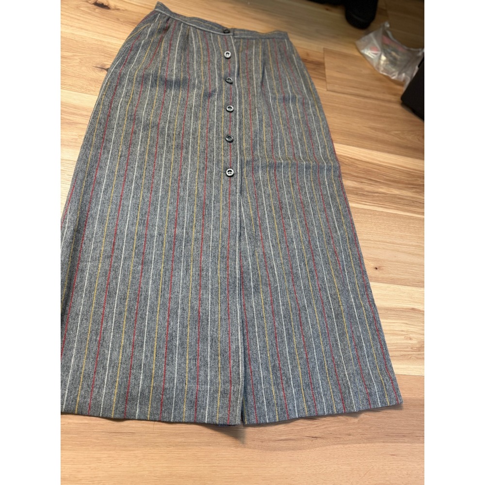 Pendleton Maxi Skirt Women 10 Grey Red Yellow Striped Wool Button Front Vintage
